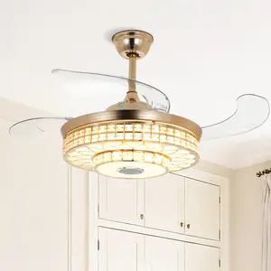 42" Gold Crystal Retractable Ceiling Fan with Light & Bluetooth Speaker 3-Color Dimmable LED Remote Control 110V for Bedroom & Living Room Elegant Design