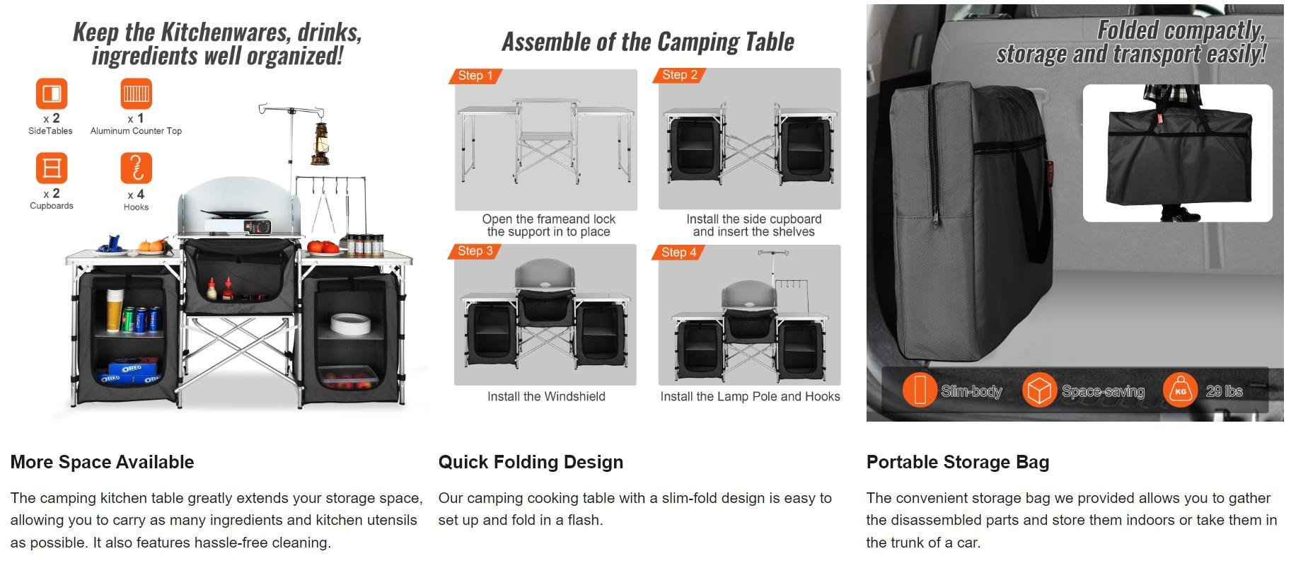 VEVOR Camping Kitchen Table, Folding Outdoor Cooking Table with Storage Carrying Bag, Aluminum Cook Station 3 Cupboard & Detachable Windscreen, Quick Set-up for Picnics, BBQ, RV Traveling VEVOR Camping Kitchen Table, Folding Outdoor Cooking Table with Storage Carrying Bag, Aluminum Cook Station 3 Cupboard & Detachable Windscreen, Quick Set-up for Picnics, BBQ, RV Traveling