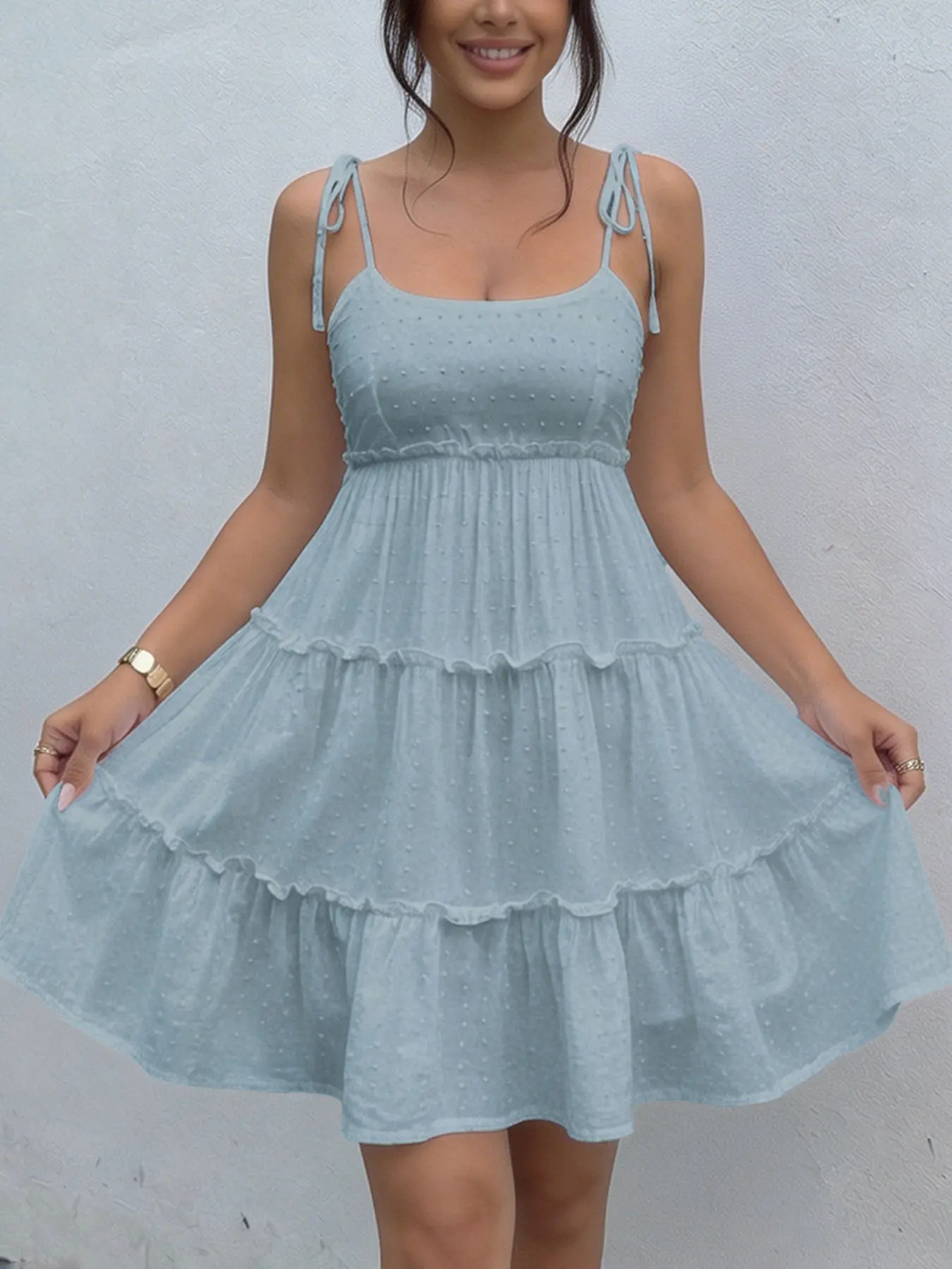 Floral Tie-Back Halter Dress for Women, French Vacation Bohemian Chic Feminine Casual Style, Summer, Adjustable Straps, Layered Ruffles, Empire Waist, Perfect for Beach & Dates