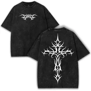 Gothic Tribal Cross Oversized T-Shirt: Washed Heavy Cotton Streetwear