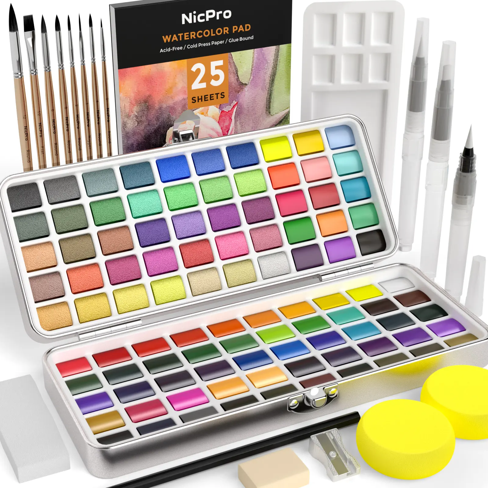 Nicpro Craft Multi-Shade Pigment Watercolour Paint Set with Metallic Macaron, Fluorescent Hues, Squirrel Brushes, Watercolour Paper, Palette, Gift Box, Comprehensive Art Supplies for Beginner Artists, Craft Watercolour Paint