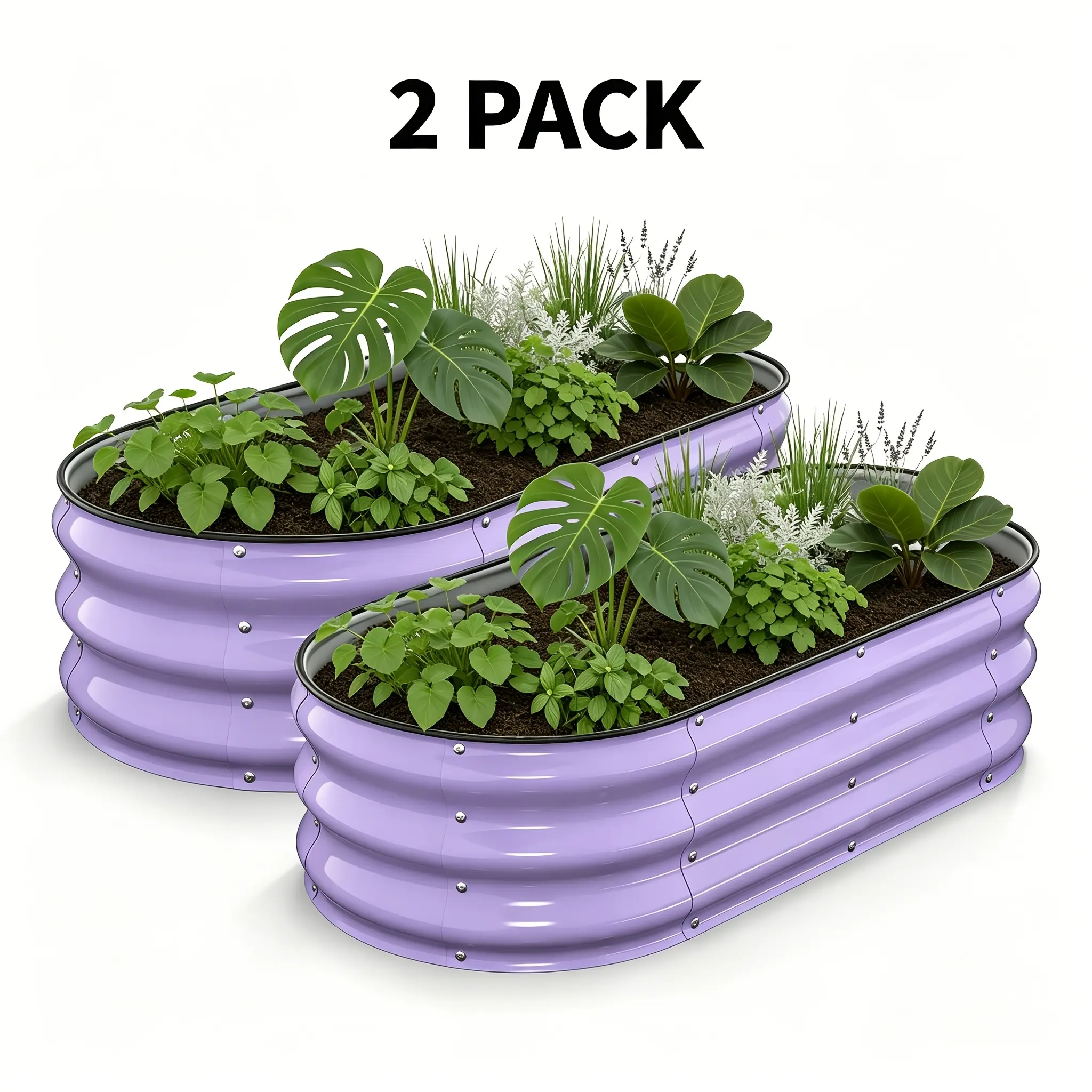 Raised Garden Bed Set 2pcs 4x2x1ft, Galvanized Steel Planter Box with Safety Edge, Rustproof Open Bottom Drainage, Heavy Duty Outdoor Bed for Vegetables & Flowers, Purple