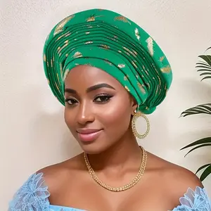 [Elegant Floral Headscarf] Elegant Floral Headscarf - Nigerian-Inspired African Wrap for Women | Lightweight, Multi-Layered, Green with Golden Accents | Perfect for Weddings & Formal Events, Wedding Headwear | Floral Pattern Scarf