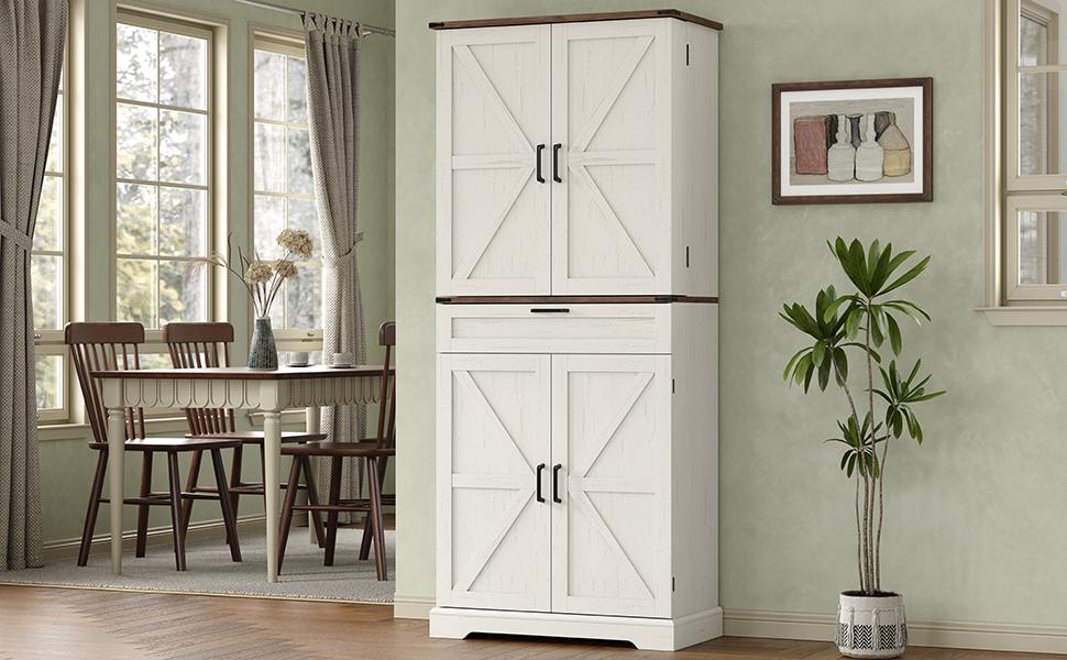 FUSOU 72'' Kitchen Storage Pantry Cabinet, Tall Storage Cabinet with 8 Door Shelves, 2 Cabinets and 1 Drawer, Freestanding Cupboard for Kitchen, Dining Room, Bathroom, Laundry, White