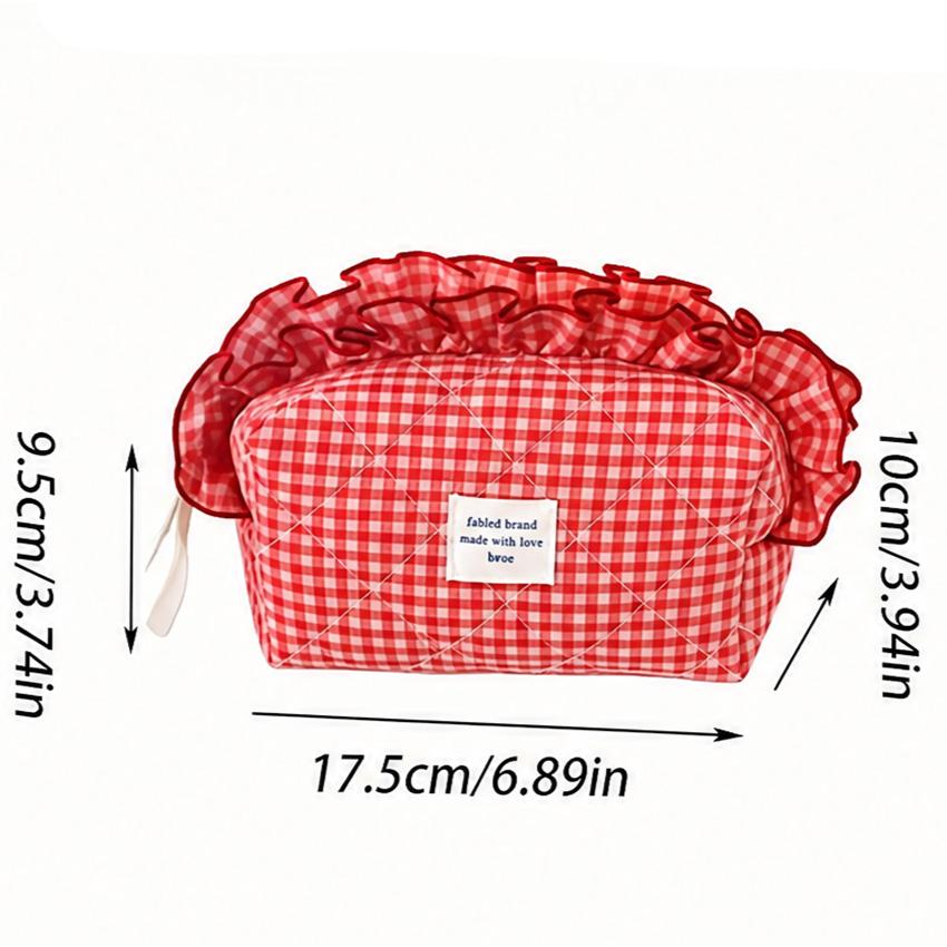 TJHome Cosmetic bag with a moodful red berry plaid lace design and retro check pattern with ruffled trim, portable makeup organizer for home and travel