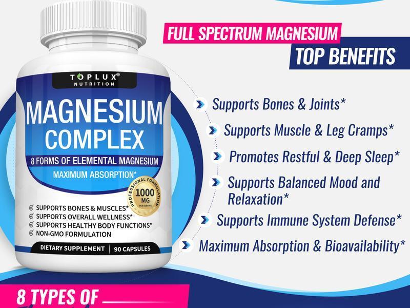 3x TopLux Nutrition Magnesium Complex 1000mg 90 Capsules 7 Elemental Sources Men Women Bone Muscle Sleep Immune Support Nature Decent Fitness Dietary Supplement Malate Taurate Chelated for Easy Absorption for Bones Muscle Recovery Energy