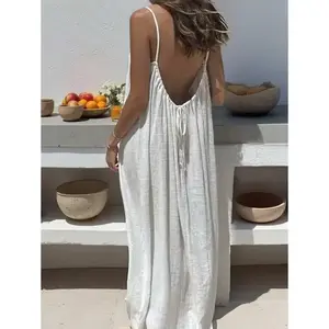 Women's Backless Spaghetti Strap Long Dress, Vacation Casual Fabric Womenswear Summer
