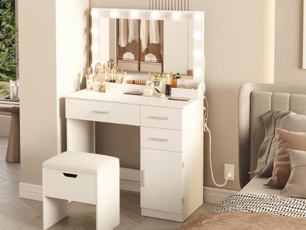 Lifewit 35.4'' White Vanity Set with Mirror & Lights, Adjustable Brightness, 3 Drawers, 1 Cabinet, USB Ports - Gift for Girl Daughter, Mothers Day Gifts
