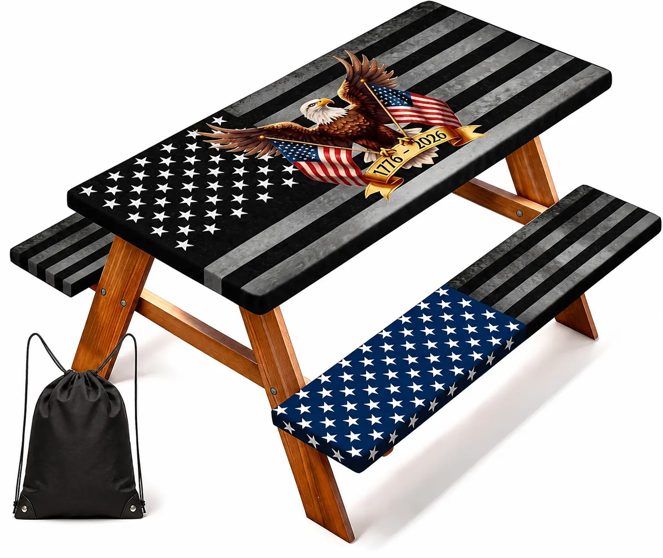 250th Anniversary 6FT Eagle Theme Flag Picnic Table Cover Set with Bench Covers, Tight Wrap Fit, Waterproof Clean-Keeping, Windproof Elastic Edge, Storage Bag, 72x30 Inch Rectangle for 4th of July, Outdoor Camping, Waterproof Cover Keeps Clean, Polyester