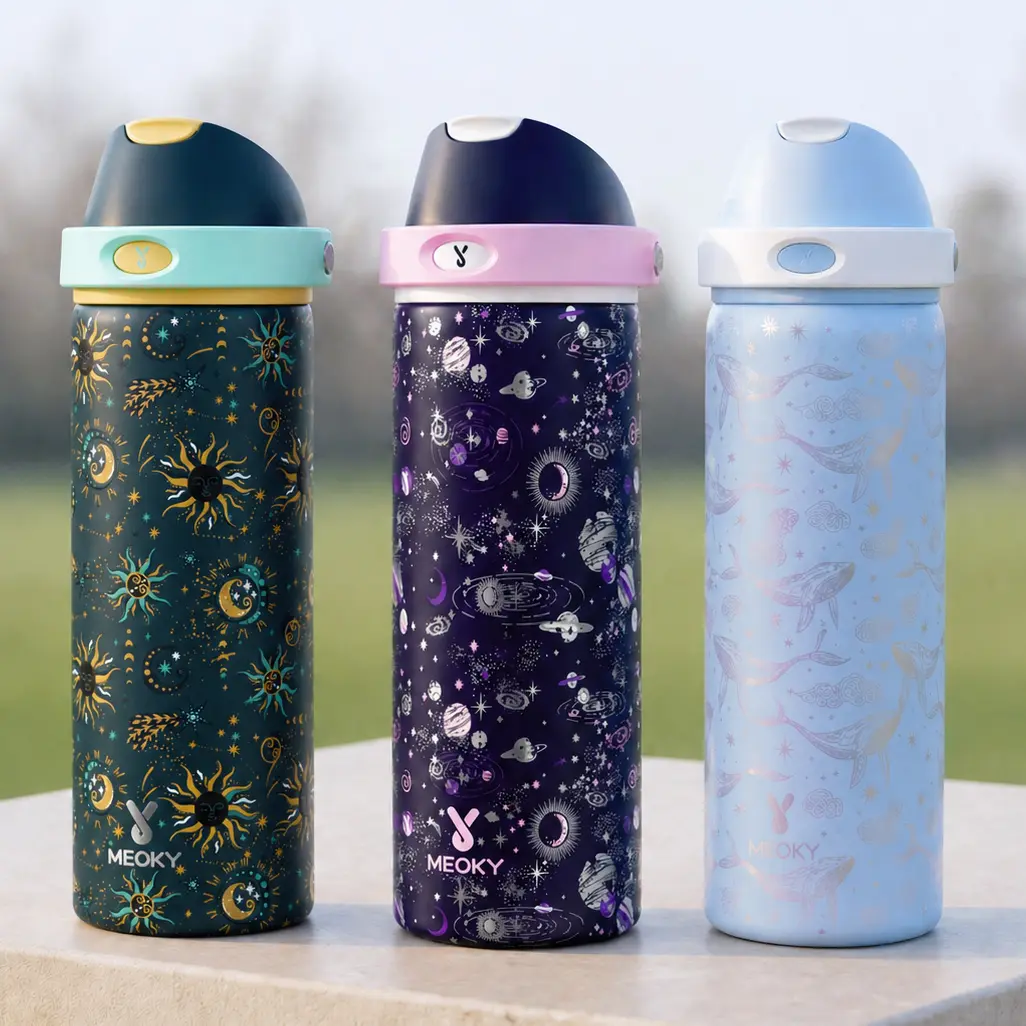 MEOKY 24oz Insulated Stainless Steel Tumbler - Durable BPA-Free Water Bottle with 2-in-1 Straw & Spout Lid, Leak-Proof, 24-Hour Cold Retention, Car Holder-Fit, Planet Print, with Handle, Travel Ready Drinkware for Gym#backtoschool