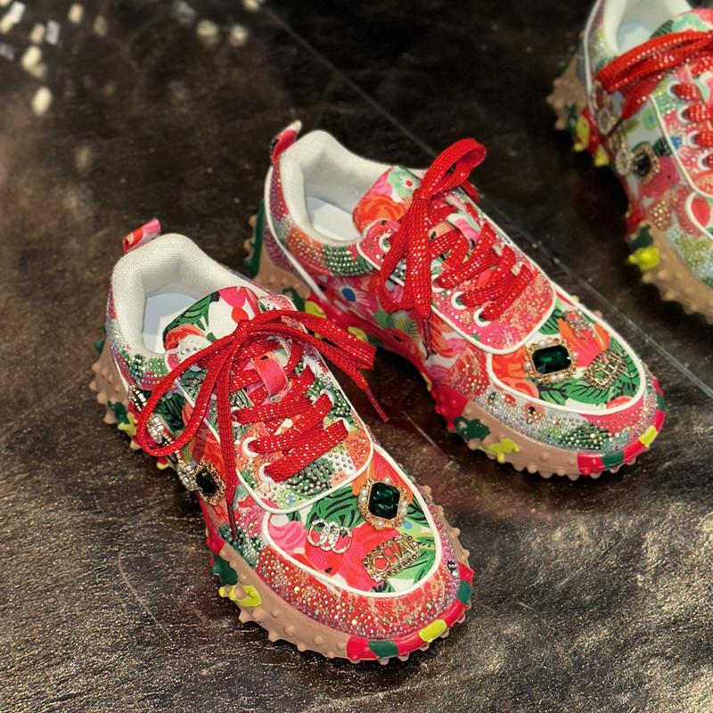 Women Casual Rhinestone-Embellished Sneakers Fashion Beaded Walking Shoes Outdoor Non-Slip Flat Shoes