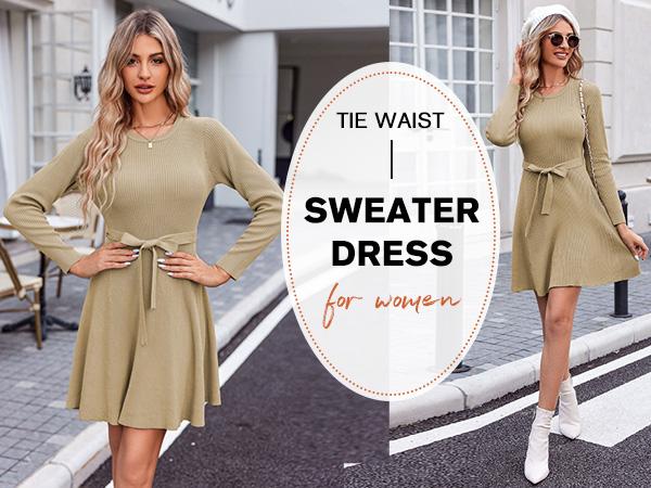Women's Long Sleeve Dress Crewneck Pullover Sweaters A-Line Casual Swing Dress Bodycon Dress with Belt Thick Suitable for Fall and Winter