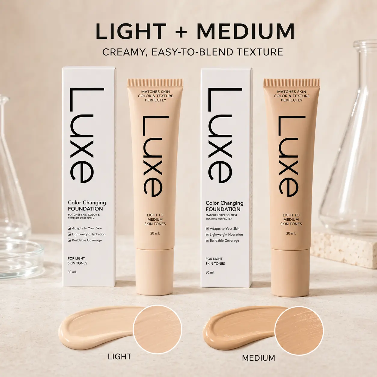 Women's Color Changing Cosmetic Foundation, Light & Medium Shade Duo, 2-Pack 30 mL Each, Lightweight Moisturizing Dewy Makeup with Buildable Flawless Natural Coverage