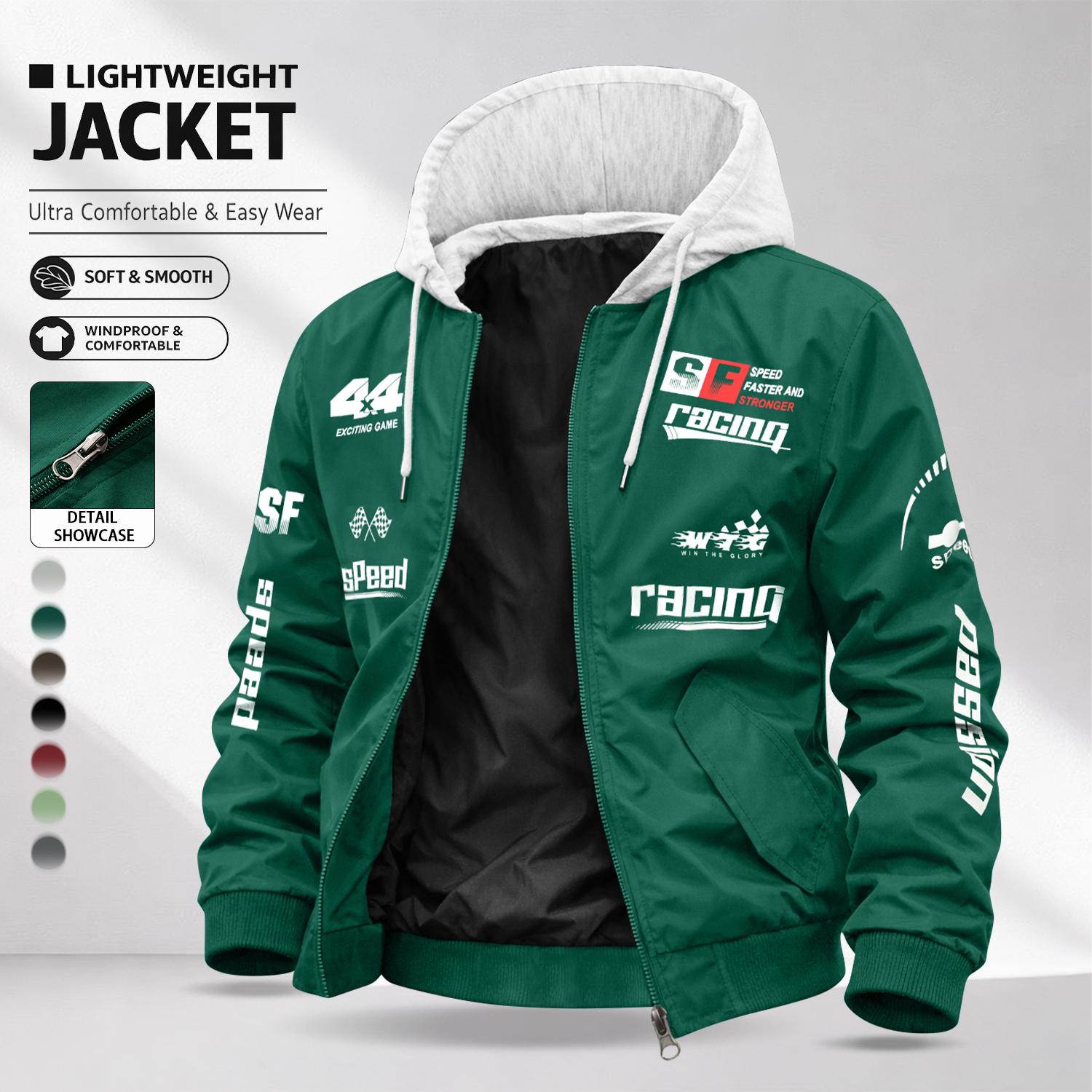 Men’s Letter Print Casual Jacket — Drapey, Wrinkle-Resistant fabric ; Color-Blocked Design with Hood and Drawstring; Retro Racing Style; Perfect for Going Out, Commuting, and Dates; A Stylish, Versatile Outerwear Piece