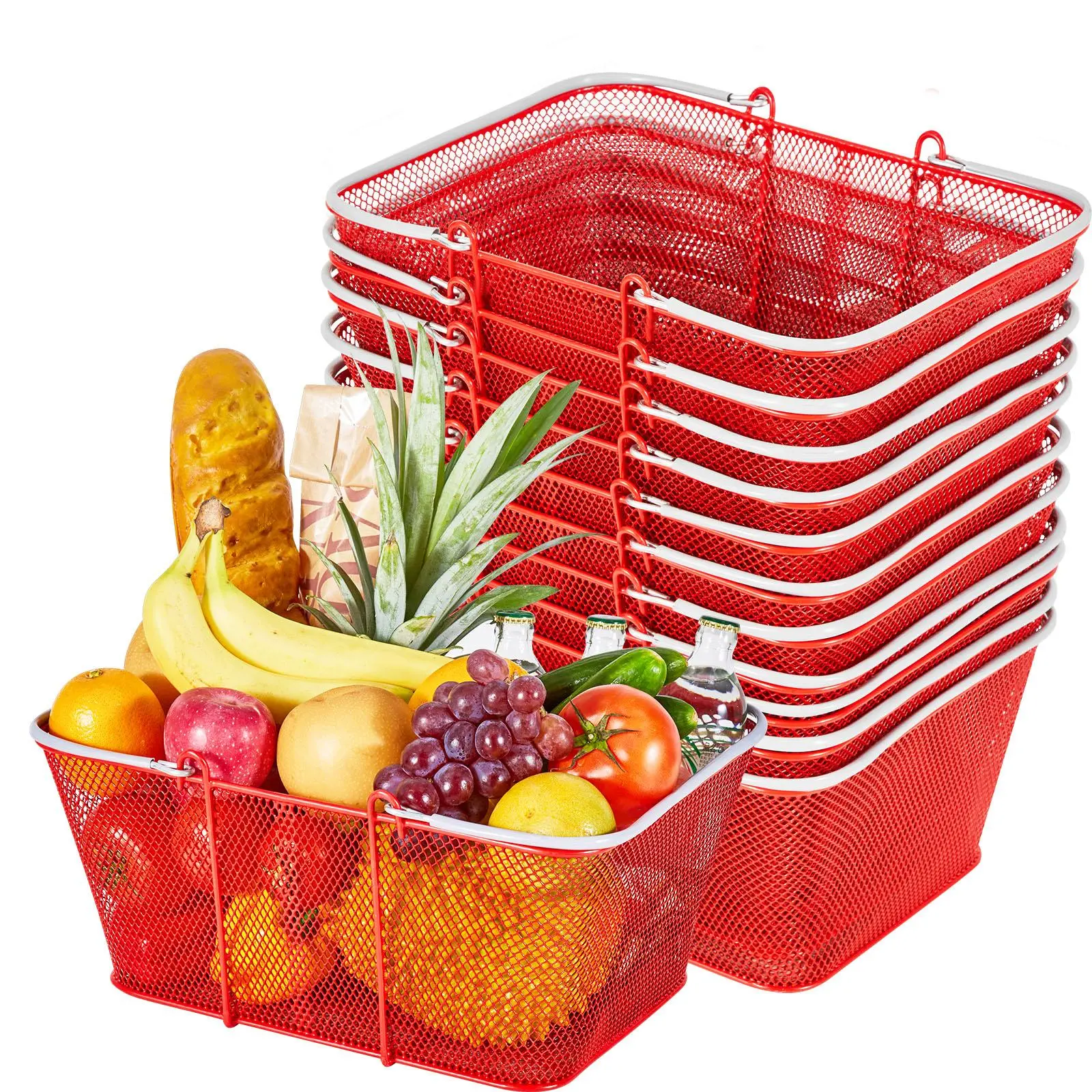 【SummerFinds】VEVOR Stackable Metal Shopping Grocery Baskets (12 PCS, 22L), Organiser with Hollow Dense Mesh Structure, Rubber Handles, Reinforced Bottom Strips, 44 lbs Capacity, Portable for Retail Bookstores, Home Use