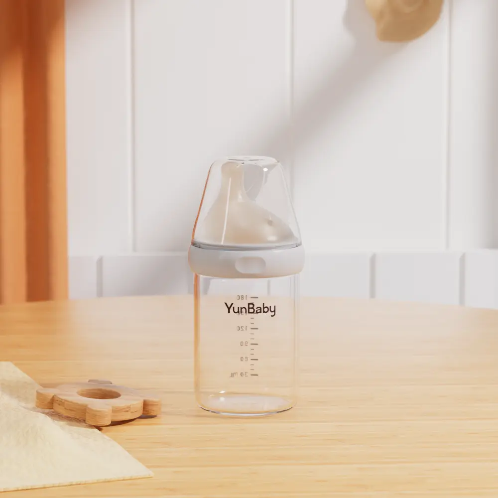 YUNBABY Newborn Baby Bottle, 6oz Borosilicate Glass with Wide Neck, Anti-Colic System and Breast-like Silicone Nipple, BPA-Free, Glass Bottles For Babies, Feeding