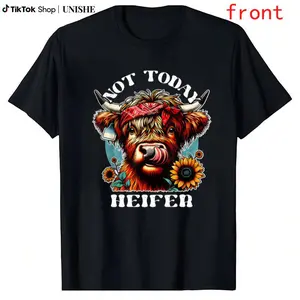 Retro Highland Cow Cotton Tee – Not Today Heifer with Sunflower Bandana Print