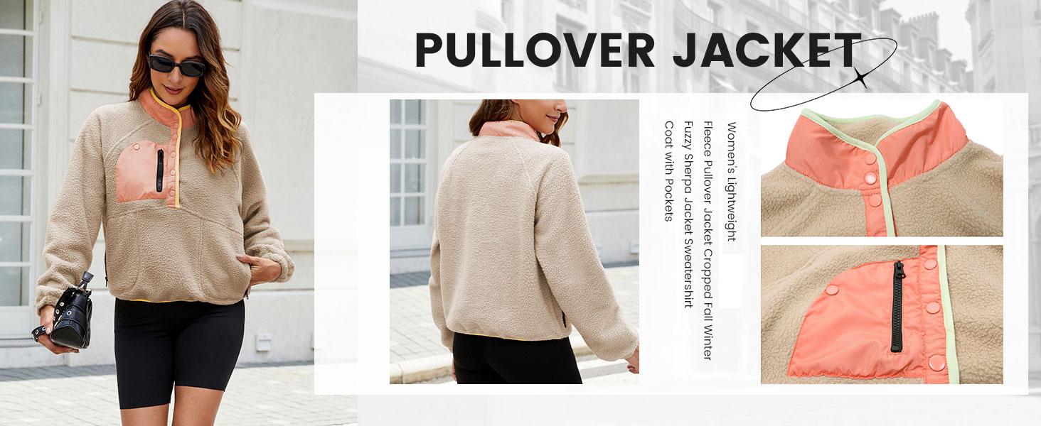 SCUSTY Women's Lightweight Fleece Pullover Jacket Cropped Fall Winter Fuzzy Sherpa Jacket Half Snap Button Stand Collar with Pockets
