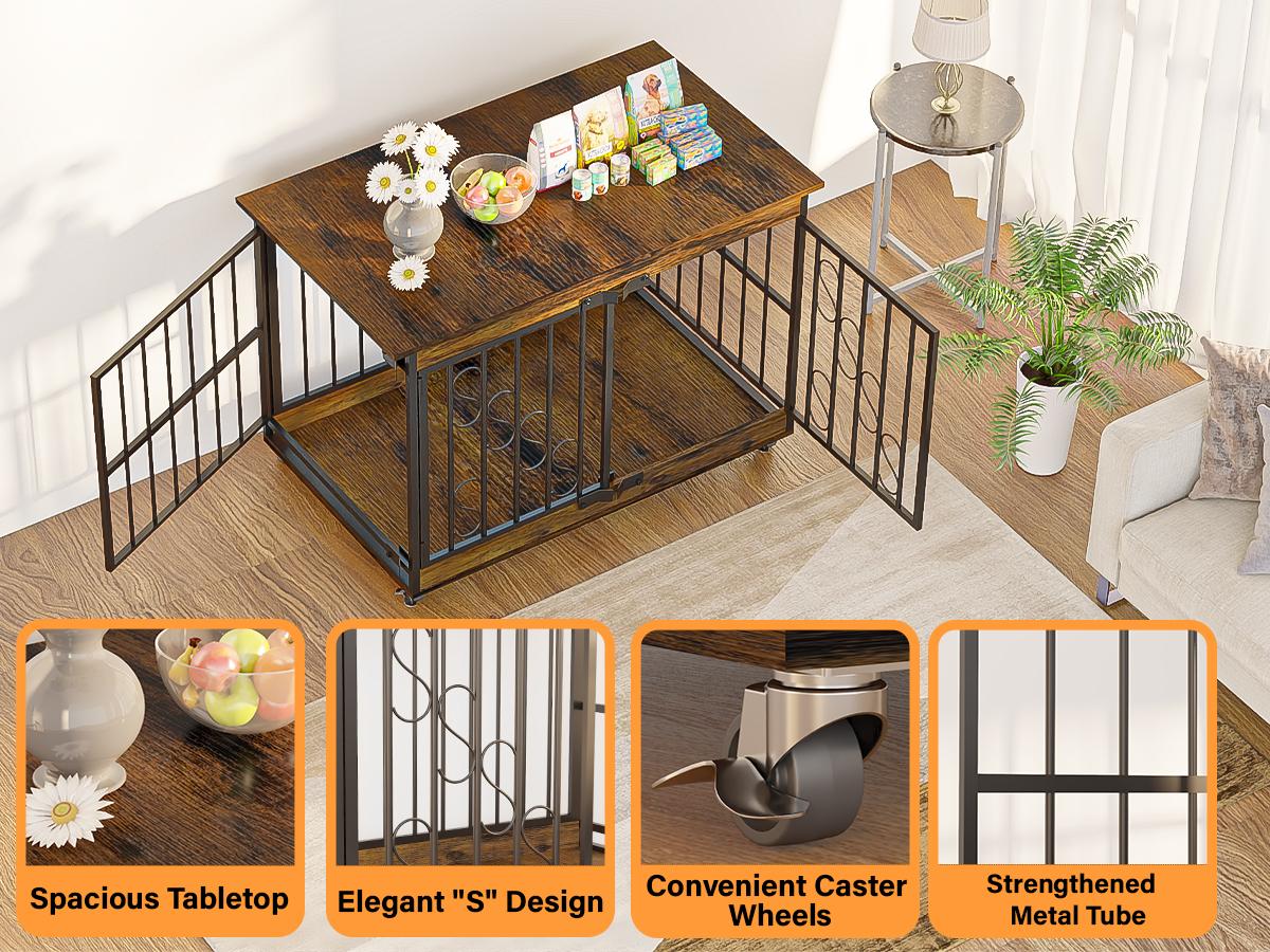 【SpringGlowUp】COZPAW Large Dog Crate Furniture, 48/52/71/78/86Inch Wooden Dog Kennel for XLarge Dogs, Heavy Duty Dogs Furniture Indoor Wire Dog Cage with Caster Wheels, Decorative Pet House End Table, Brown