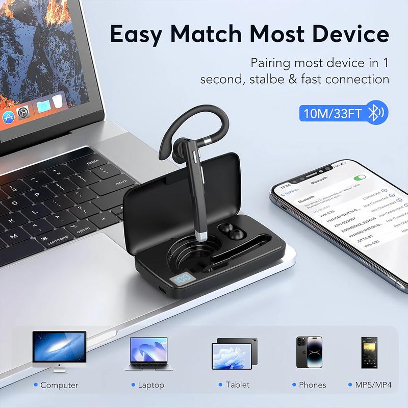 Bluetooth Trucker Headset Single-Ear, Wireless Bluetooth 5.3 Earpiece with Charging Case, Noise Cancelling Built-in Microphone Hands-Free Headphones for Trucker Business Office Driver