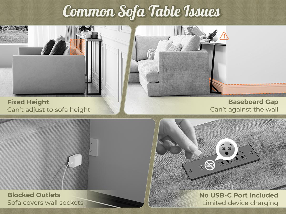 Huuger 102.4/110.2 Inch Sofa Table with Power Outlets, 23.9’’-34.4’’ Height Adjustable Range, Behind Couch Table with USB-C Ports, Sofa Tables Narrow Long, Skinny Console Table, Small Spaces