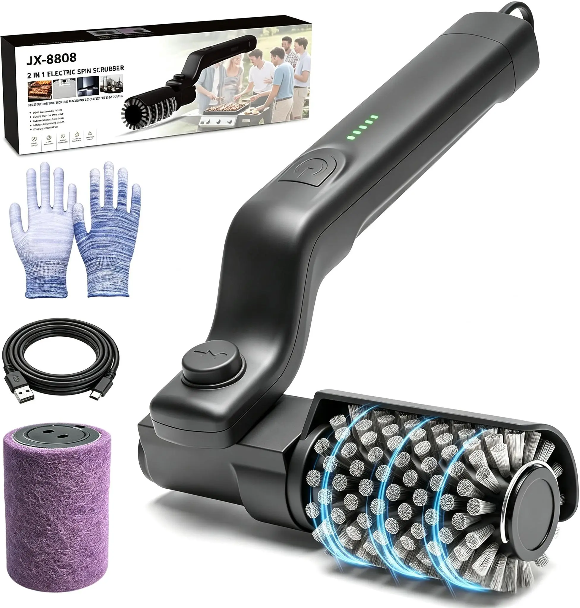 2-in-1 Electric Grill Brush, High Torque Grill Brush with 3-Speed Modes,Cordless BBQ Cleaner with Pad & Wire Heads ,Cleaning Brush for Grates & Griddle & Oven & Flattops &Pot Bottom Exterior Grease