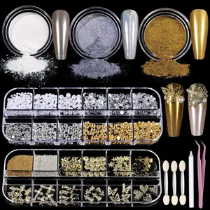 Gold Chrome Nail Powder Kit with Nail Charms and Gems, Pearl Nail Chrome Powder for Nails, Silver Crome Powder for Gel Nails, Nail Supplies Nail Decor