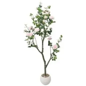 Artificial rose tree 150 cm in pink, artificial plant with pot, elegant artificial roses made of fabric & plastic, decorative flower tree