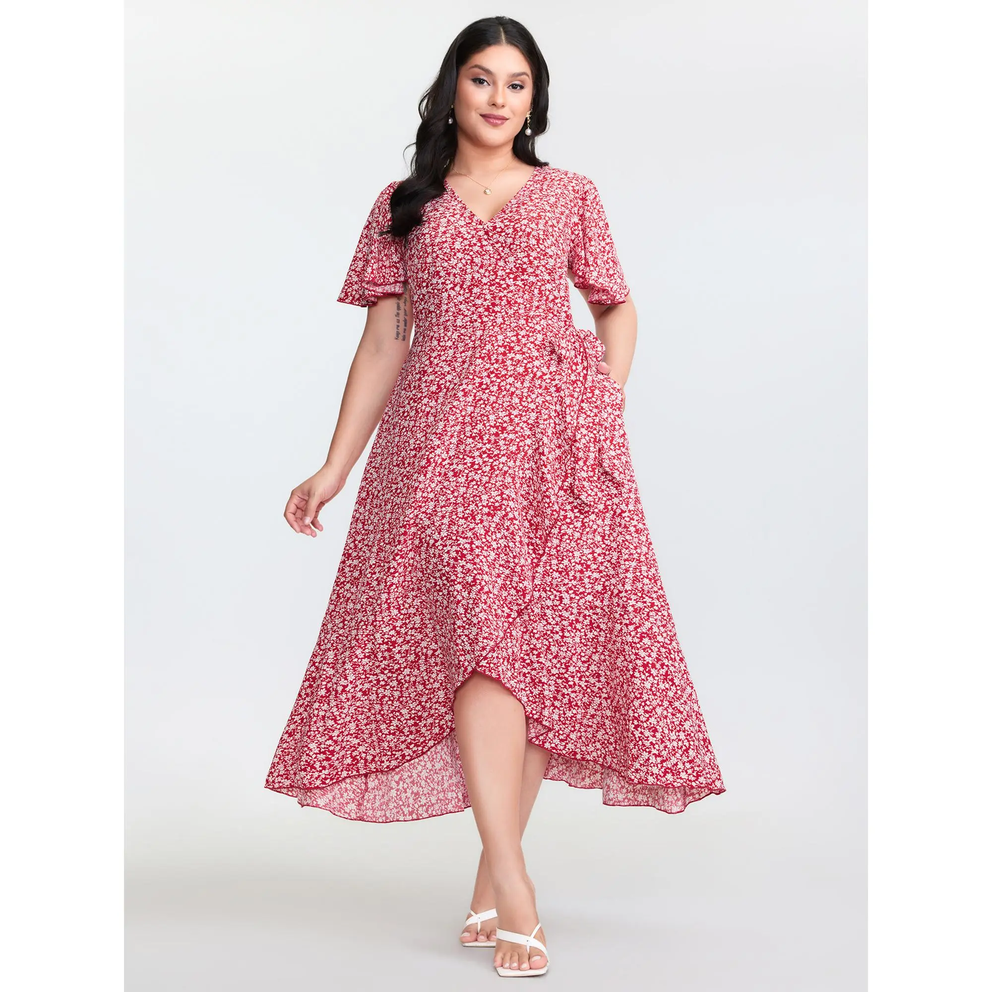 【Cottagecore Dress】 BLOOMCHIC Women's Casual Ditsy Floral Print Dress - Spandex Elastane Fabric, Flared-Sleeve or Short-Sleeve Option, Ruffled Details, Pockets, Regular Length, Contrast Binding, Casual Wear, Summer Essential, Low Iron, Ruffles, Smooth