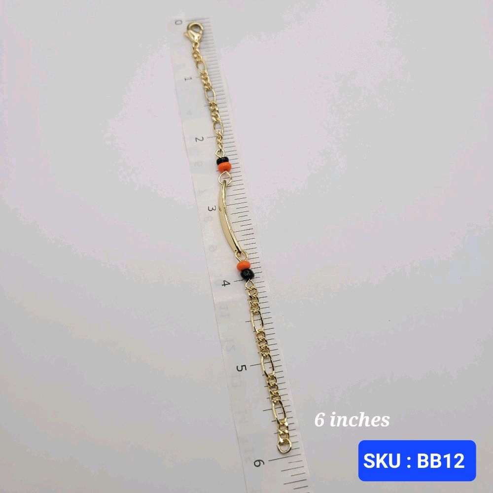 Baby Bracelet Orange and Black Adjustable Laminated-Gold 6 inches 3mm chain 5mm plate for Small Kids Protection Jewelry