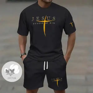 Men's short-sleeved T-shirt and shorts set with a Christian print, made from slightly stretchy cotton. This stylish two-piece men's summer outfit is suitable for outdoor leisure and street style, making it an ideal gift for your husband.