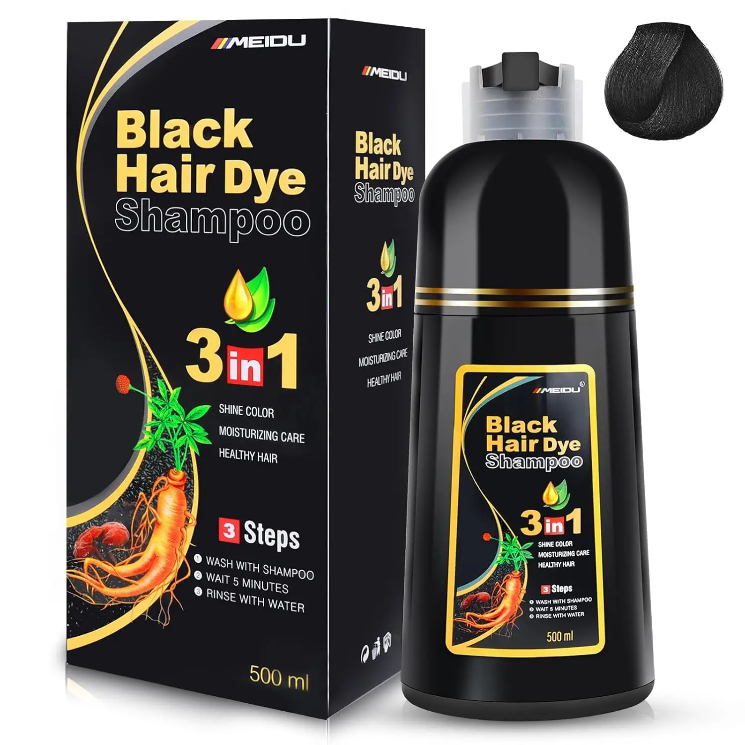 MEIDU 3-in-1 Hair Dye Shampoo - Gray Coverage, Herbal Ingredients, Ginseng Extract, Natural Coloring, Black Hair Dye for Haircare