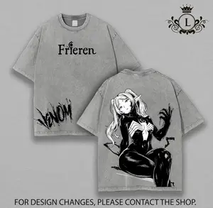 Frieren Beyond Journey’s End Venom Fusion Wash Tee, Vintage Washed Oversized Anime Tee, Dark Manga Graphic Top, Heavy Cotton Streetwear Animecore Menswear Daily Outfit boxy shirt