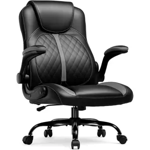 Office Computer Gaming Chair Ergonomic Desk Chair for Adults with Lumbar Support Flip-Up Arms Adjustable Height Swivel Wheels PU Leather Executive Design for Short People Use, Gray