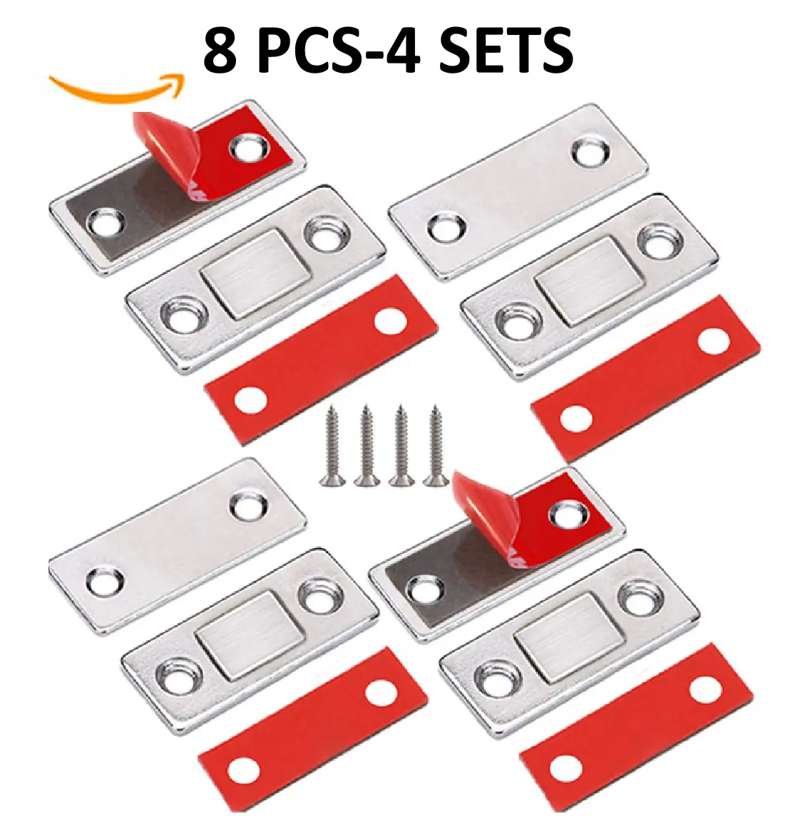 8PCS 4 Sets Ultra Thin Invisible Magnetic Door Stoppers Stainless Steel Punch-Free Adhesive Drawer Door Catch Quiet Magnetic Door Closer Firm Suction Hardware Accessories For Cabinet Cupboard Wardrobe Bathroom Closet Kitchen Furniture Door Fixing Use