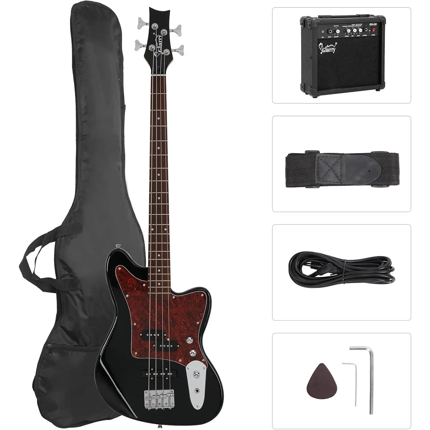 GLARRY Full-Size 4-String Electric Bass Guitar Beginner Kit - 20w Amp, Red Pearl Guard, Rosewood Parts, Digital Tuner, Amp Cable, Strap, Bag, Instant Play Setup (Black)
