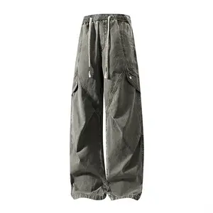 Men’s spring/autumn streetwear brand loose-fit slimming wide-leg cargo pants; retro outdoor casual trousers; new pleated paratrooper-style cargo pants from a streetwear brand; men’s loose straight-leg cargo casual pants; unisex long pants with a drawstrin
