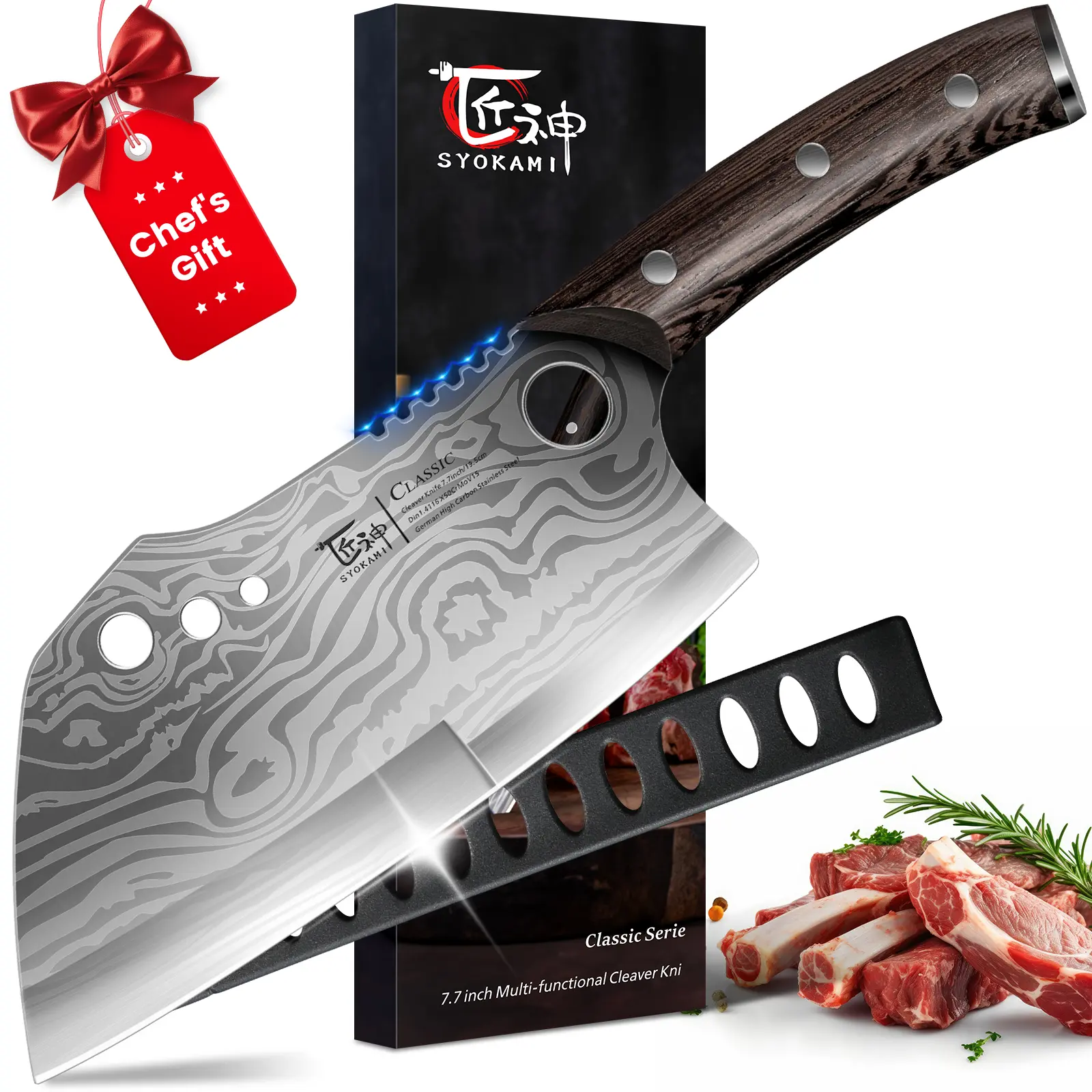 【DealsForYouDays】 SYOKAMI 7.7 Inch Meat Cleaver Chef Knife with Sheath, Multifunction Butcher Knife with Herb Stripper, Chopping Knife Heavy Duty Bone Cutting, Damascus Pattern Full Tang Wood Handle, Christmas, Mother's Day Gifts