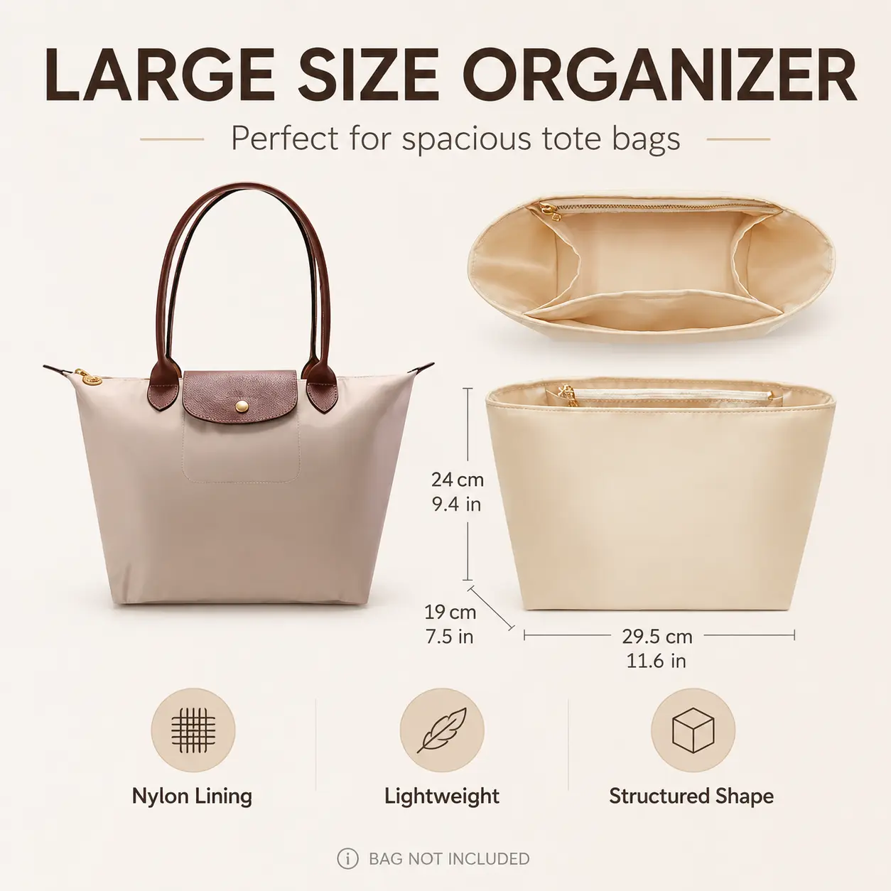 Tote Bag Organizer Insert with Zipper, Lightweight Nylon Purse Organizer for Medium and Large Tote Bags