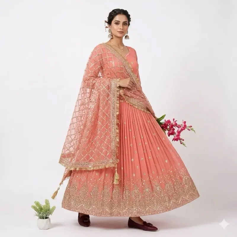 Traditional Indian Kurta Dress for Women, Peach Long Sleeve Maxi with Intricate Embroidery, Original, Costumes, Lady, Women's Clothes, Ornate Traditional Casual Dresses, Thread Embroidered Casual Dresses