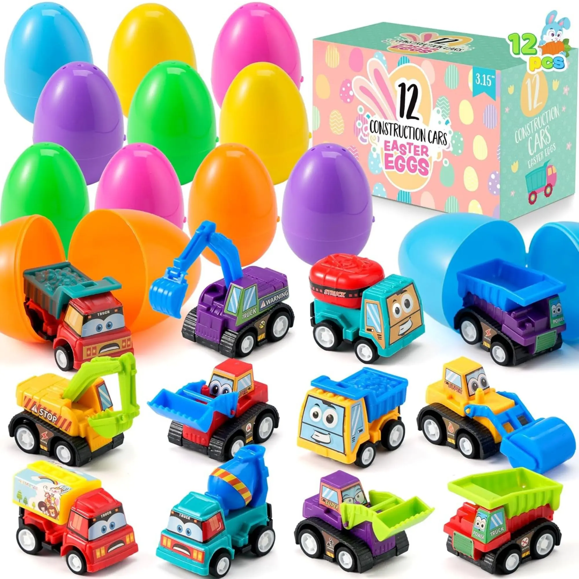 12 Pcs Easter Eggs Filled with Toy Cars, Colorful Prefilled Pull Back Construction Vehicle, and Race Car for Kids Boys Hunt, Basket Stuffers, Party Favors, Classroom Prize
