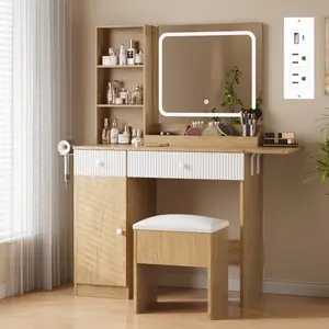 Garvee Makeup Vanity with Lighted Mirror and Adjustable Lighting, Foldable Desktop Vanity Desk with Power Strip, Drawers, and Cushioned Stool, Ideal Dressing Table for Bedroom