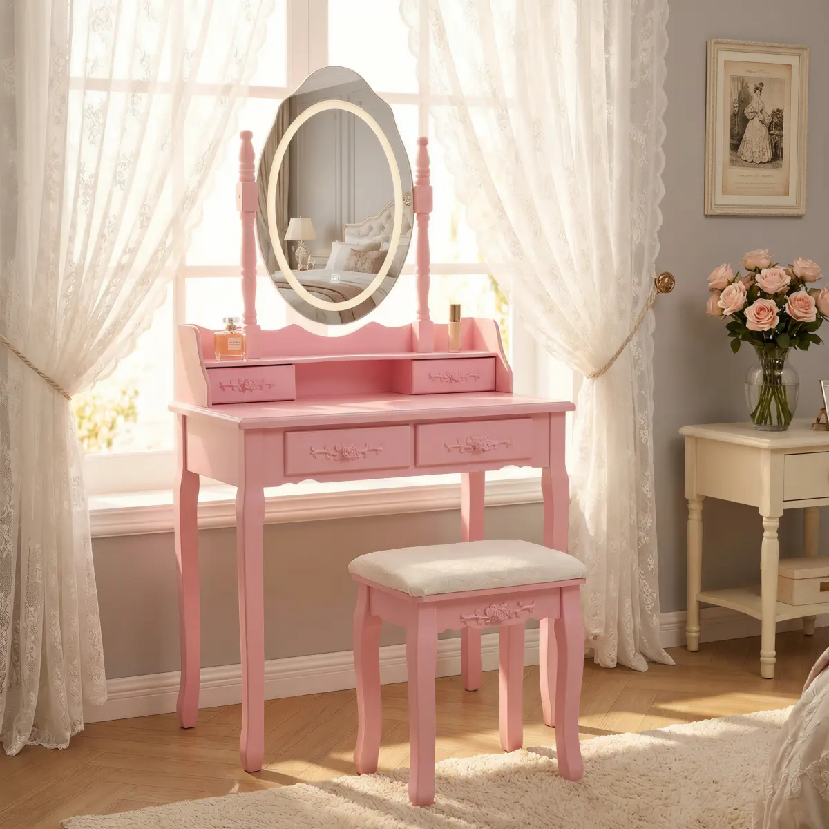 Pink Princess Beauty Vanity Set - Sturdy Indoor Bedroom Furniture with LED Mirror, Large Tabletop, Padded Stool, 4 Extra-Large Drawers, Multiple Light Modes, Patterned Upholstery, MDF Top, Ample Storage, Assembly Required