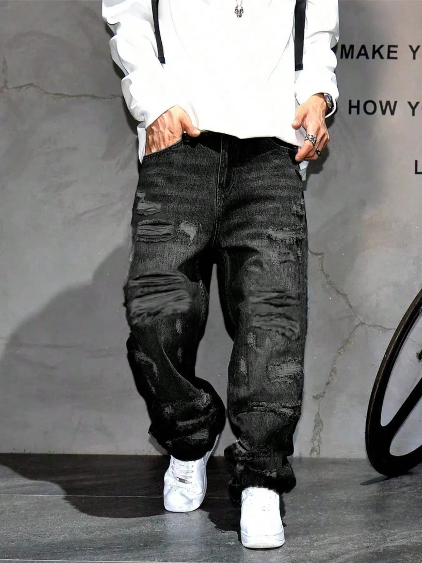 American Retro Cool Casual Streetwear Denim Jeans Trouser, Loose Fit Baggy Oversized Straight Leg, Hole Patch Design, High Street Beggar Pants, All Seasons, Casual Ripped Denim