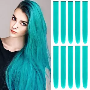 22 inch Colored Hair Extensions Long Straight Hairpiece, Multi-colors Party Highlights Clip in Synthetic Hair Extensions for Women Girls Cosplay Styling(10 PCS Teal Blue)