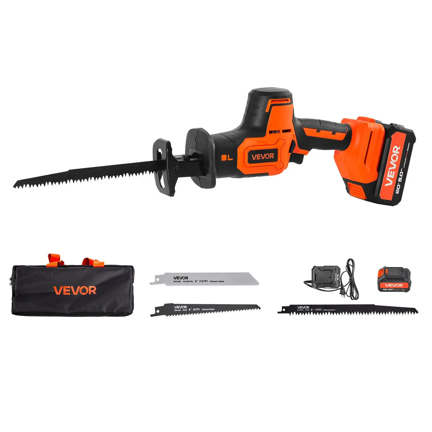VEVOR Cordless Reciprocating Saw (Father's Day Gift) - 20V Battery Powered Saw, 3000 SPM Variable Speed, 1in Stroke Length Brushless Cutting Machine Tool with Battery, Charger, 8 Blades, Carrying Bag for Wood, Metal Cutting