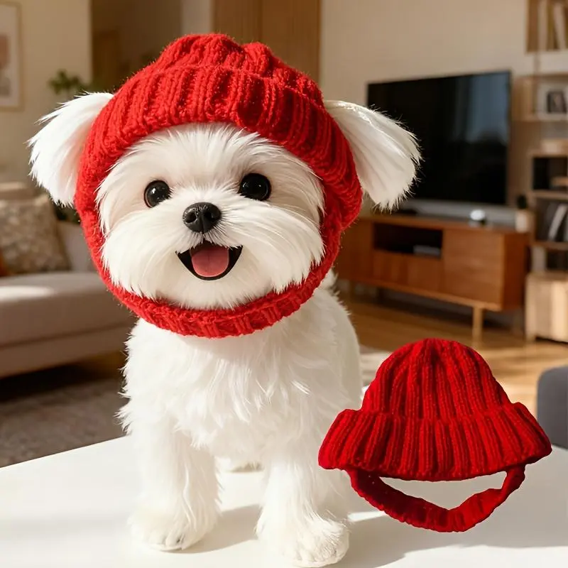 Maltese dog beanie hat, cozy red knit with ear flaps, soft and durable pet hat for small dogs, machine washable, perfect for indoor/outdoor use, playful winter dog accessory, cute fashion for pets