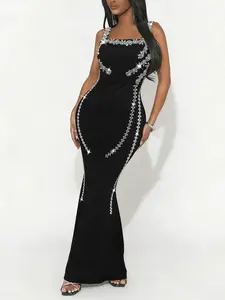 ASANDY Luxury Black Beaded Mermaid Dress, Square Neck Sleeveless Rhinestone Formal Evening Gown for Red Carpet & Gala