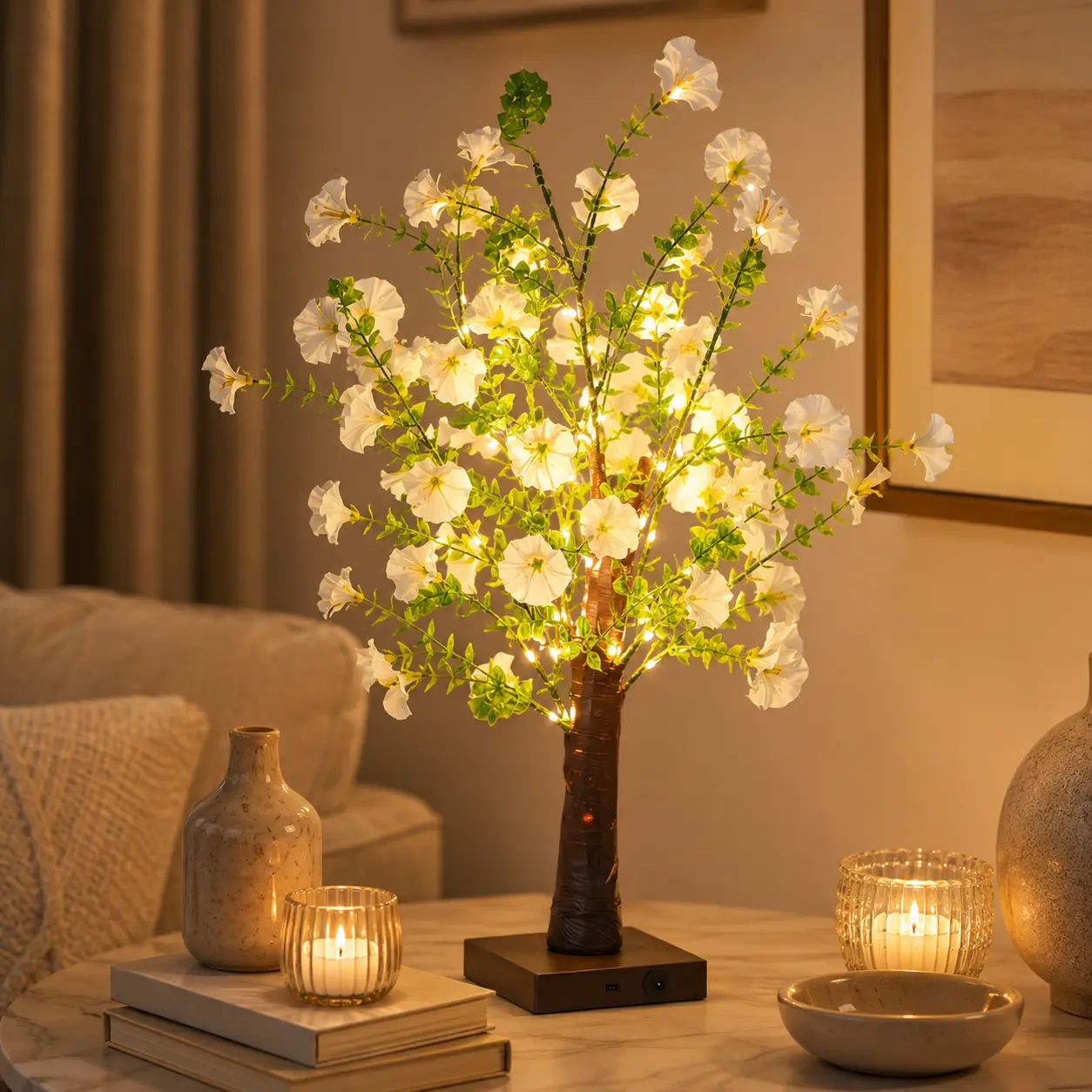 UMEUC single-pack LED table lamp, 22-inch white artificial morning glory tree light with 42 warm LEDs, decorative bedside night light suitable for bedrooms and living rooms, ideal for Christmas decorations, festive home décor, and gifting.