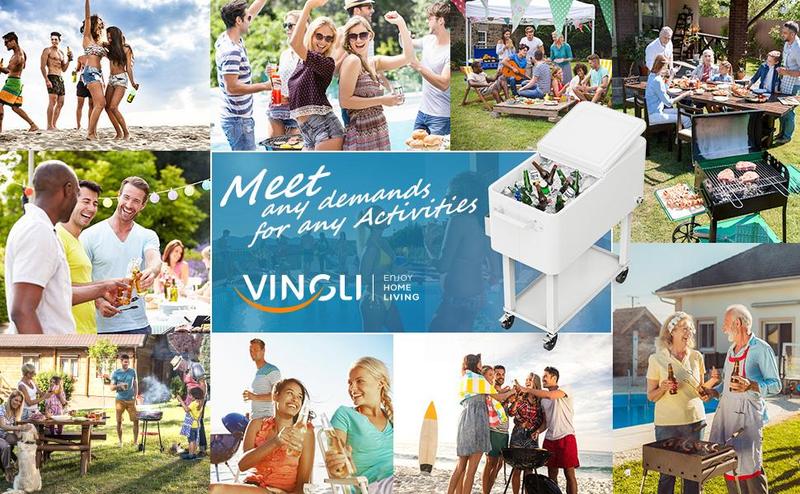 VINGLI 80 Quart Rolling Ice Chest on Wheels, Portable Patio Party Bar Drink Cooler Cart, with Shelf, Beverage Pool with Bottle Opener,Water Pipe